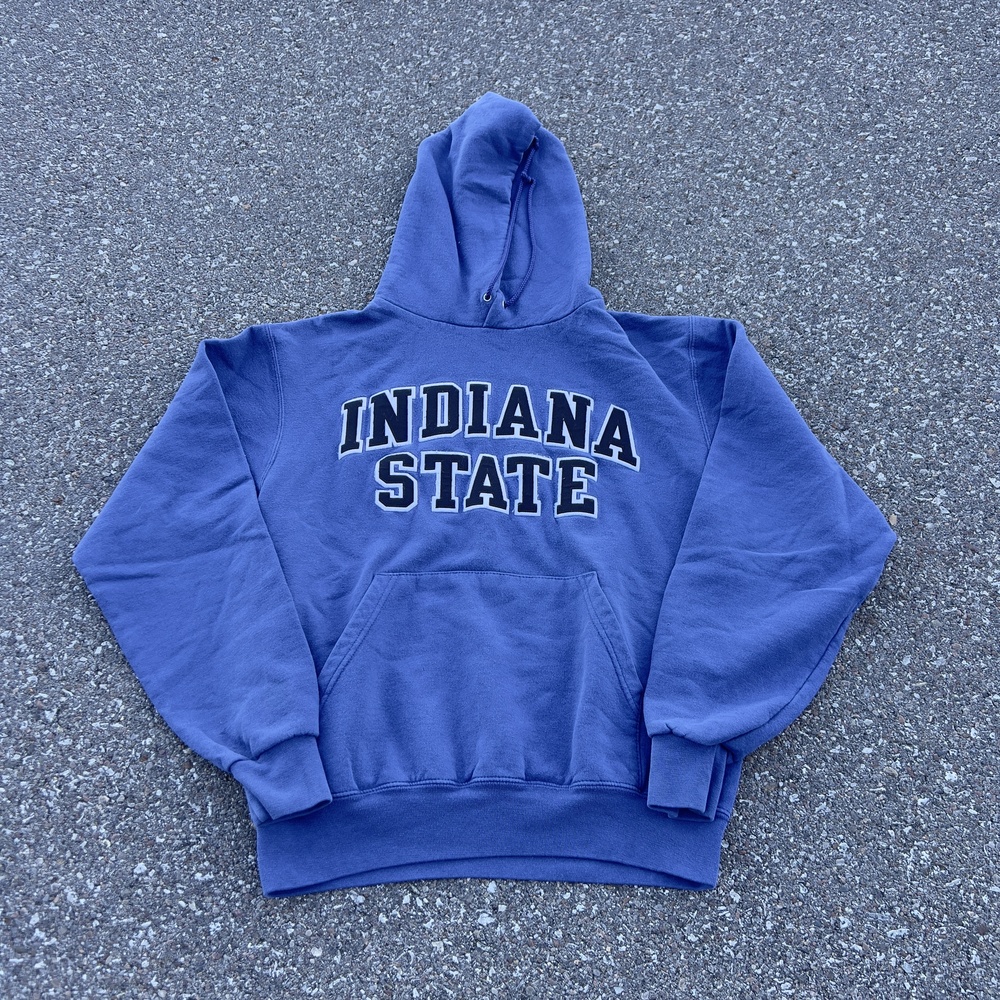 Champion Hoodie Sweatshirt Mens Small Blue Indiana State Fleece College Graphic